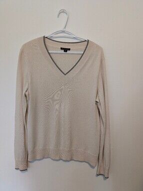 Brooks Brothers Silk Cashmere V-Neck Sweater Cream Grey Trim preppy golf XL